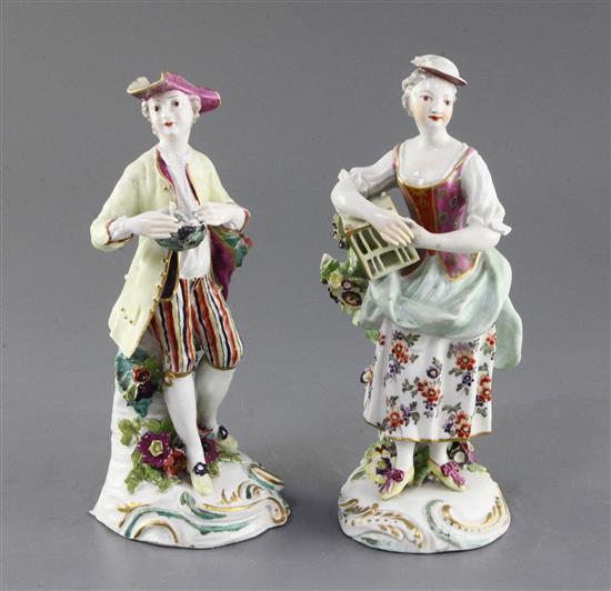 A pair of Derby figures of Liberty and Matrimony, c.1760, h. 22cm and 22.5cm, some restoration
